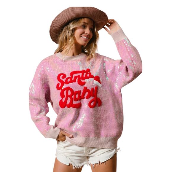 Bibi Women's Large Pink Red Christmas Sequin Long Sleeve Crew Neck Sweater Top - Picture 2 of 7